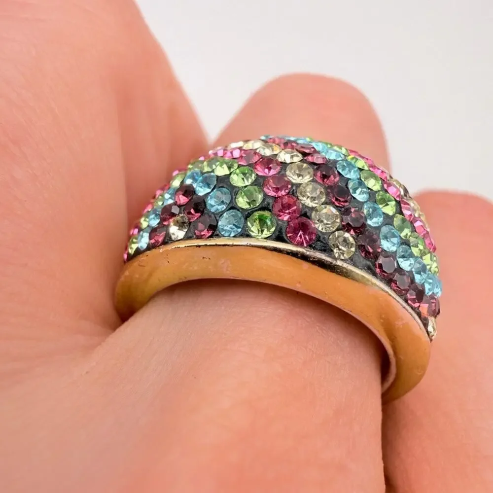Vintage JCM Thailand Brass Rainbow Pave Crystal Statement Ring Size 8 Bold